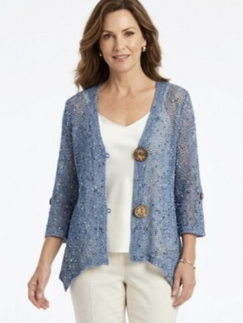 NinaLeonard Open Knit Cardigan1X Blue Space Dye Toggle Button Sweater(SKU 0030)